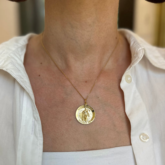 Sterling Silver 24KT Gold Plated Saint Florian Protect Us Medal Pendant 25mm