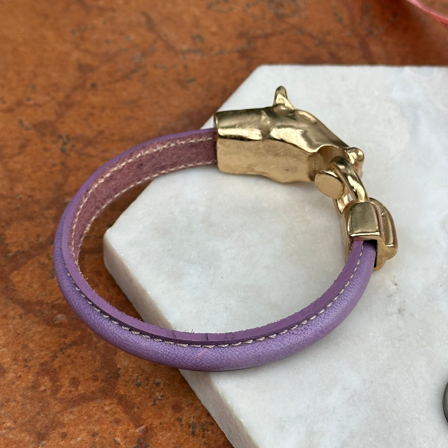 Yellow Gold-Plated Horse Head and Bit Lavender Leather Bracelet 8''