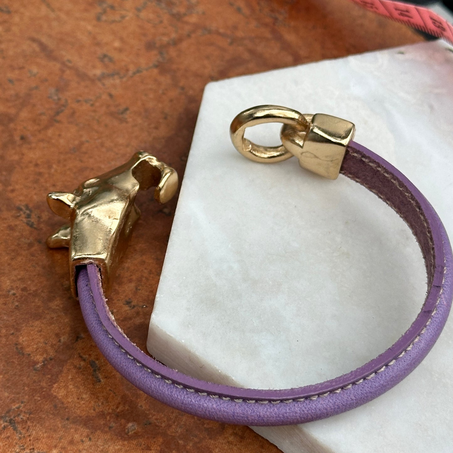 Yellow Gold-Plated Horse Head and Bit Lavender Leather Bracelet 8''