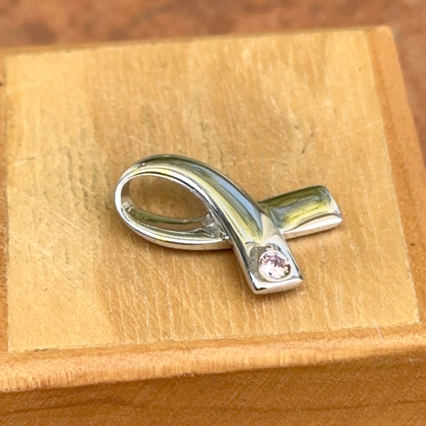Sterling Silver Pink CZ Breast Cancer Ribbon Pendant Slide