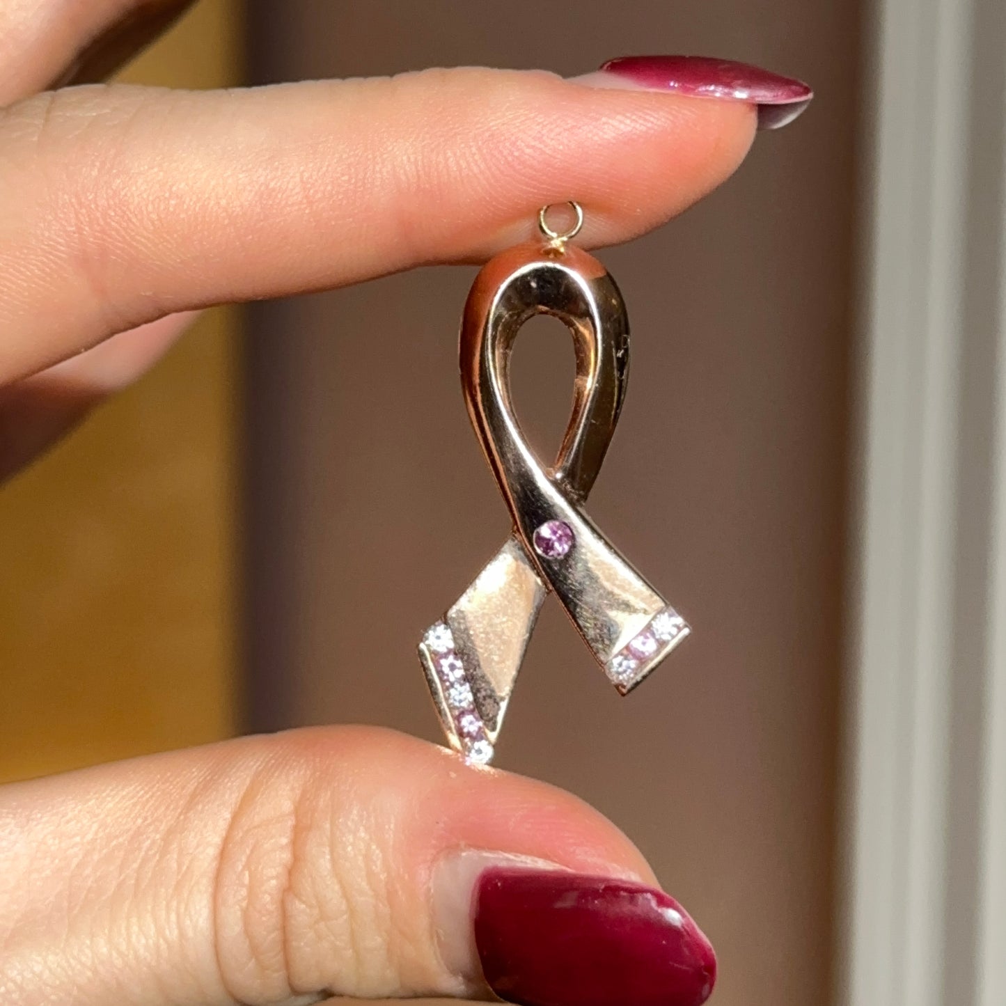 Estate 14KT Rose Gold Breast Cancer Awareness Ribbon Diamond Pendant