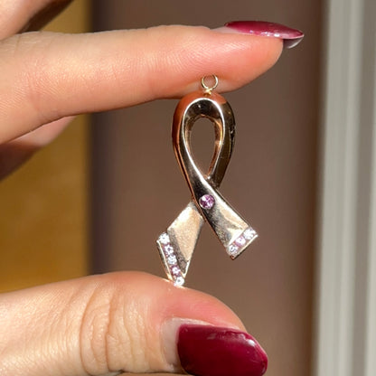 Estate 14KT Rose Gold Breast Cancer Awareness Ribbon Diamond Pendant