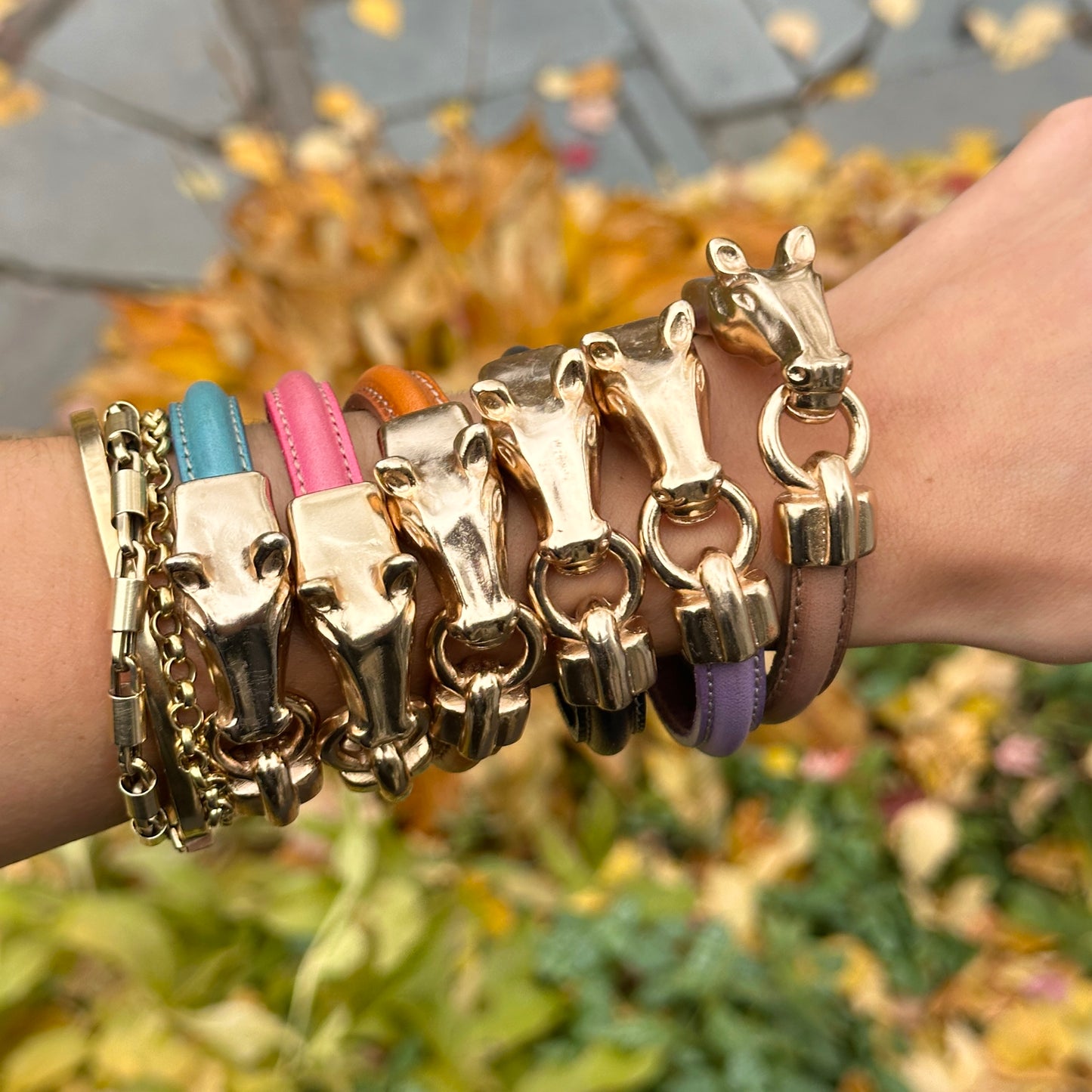 Yellow Gold-Plated Horse Head and Bit Pink Leather Bracelet 7''