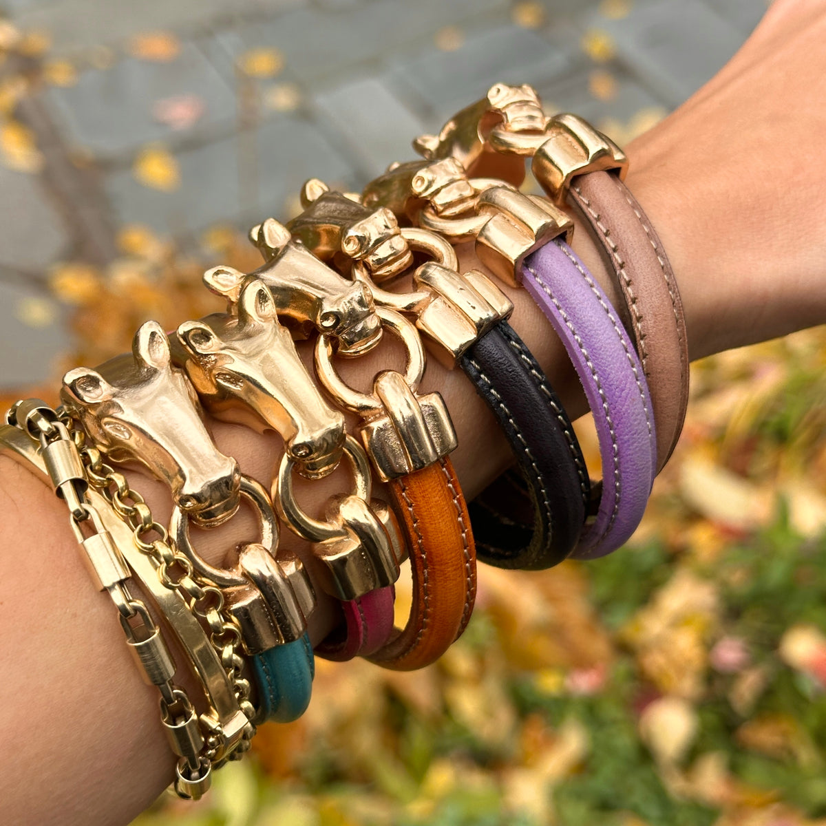 Gold-Plated Horse Head and Bit Tan Leather Bracelet 7.5''