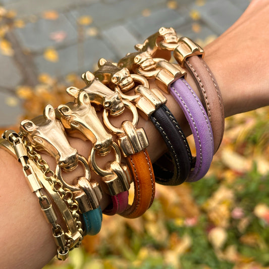 Yellow Gold-Plated Horse Head and Bit Pink Leather Bracelet 7'' - LSJ