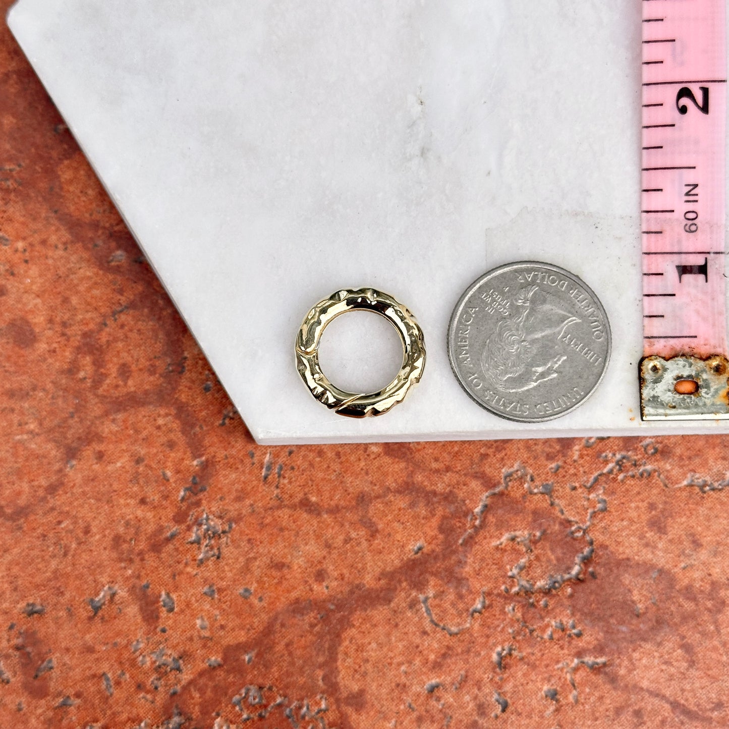 10KT Yellow Gold Hammered Round Push In Clasp Shortener Pendant Hanger 19.5mm