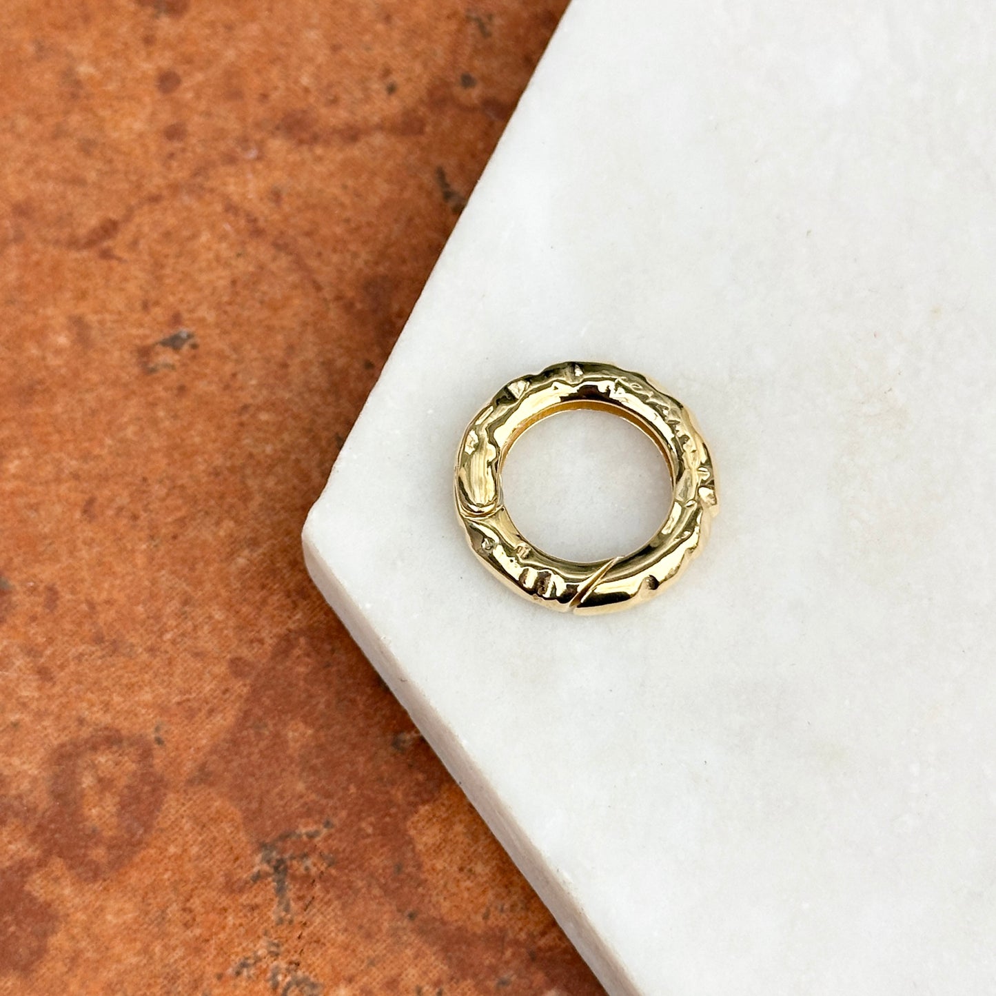 10KT Yellow Gold Hammered Round Push In Clasp Shortener Pendant Hanger 19.5mm