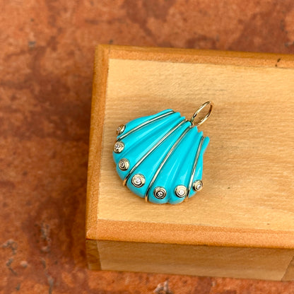 Estate 14KT Yellow Gold Turquoise Shell + Bezel-Set Diamonds Pendant