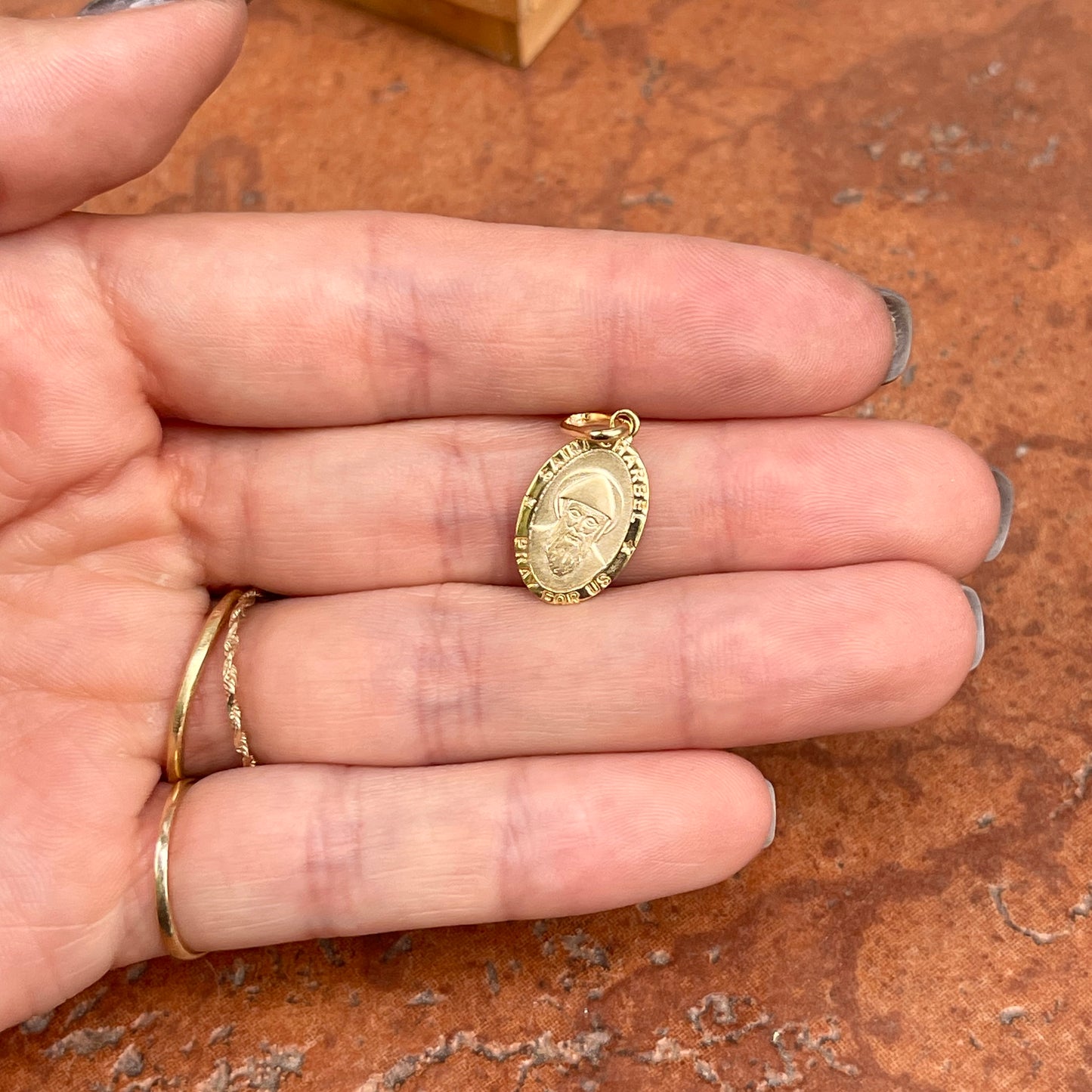 14KT Yellow Gold Matte St Charbel Oval Medal Pendant