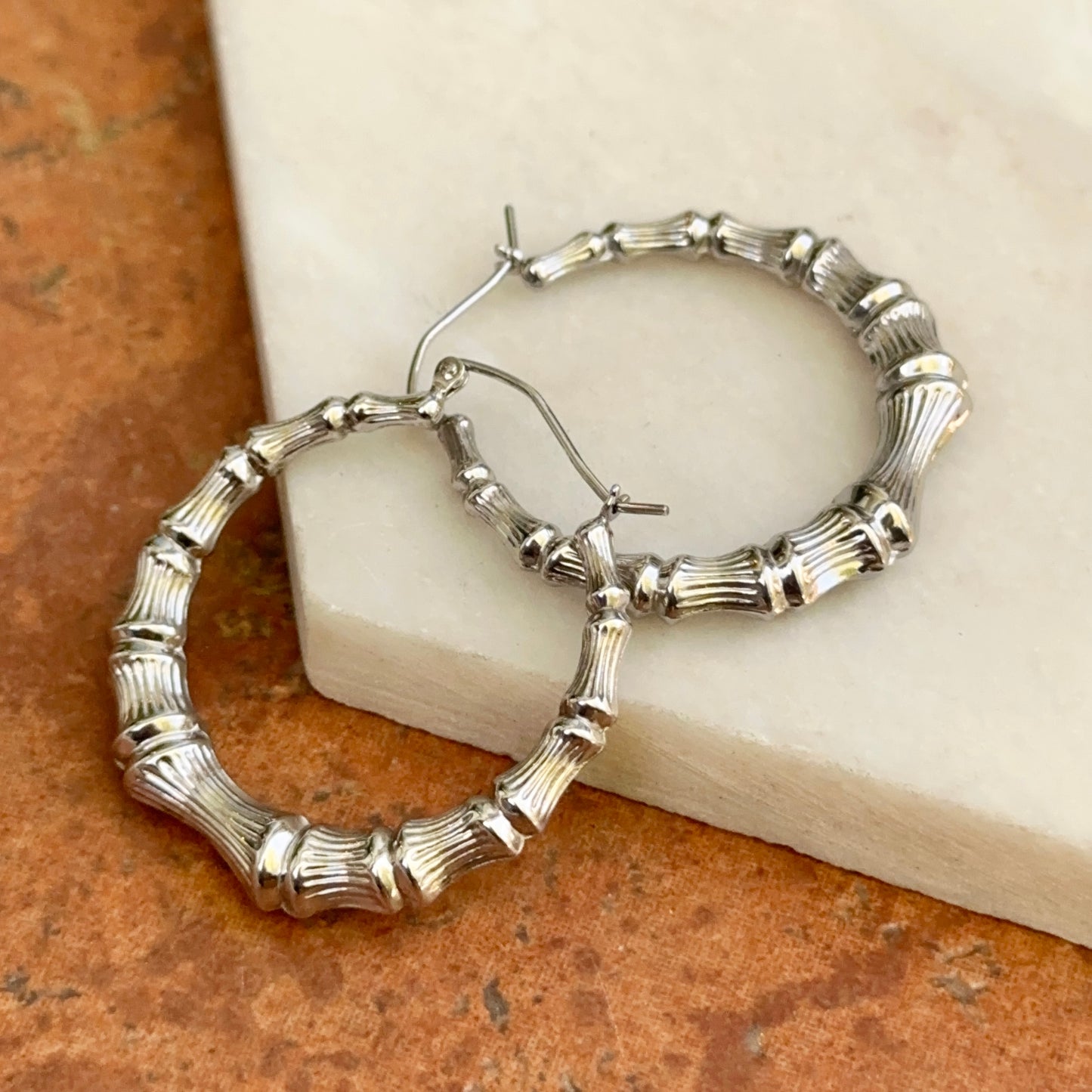 Sterling Silver Bamboo Style Round Hoop Earrings 35mm