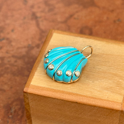 Estate 14KT Yellow Gold Turquoise Shell + Bezel-Set Diamonds Pendant