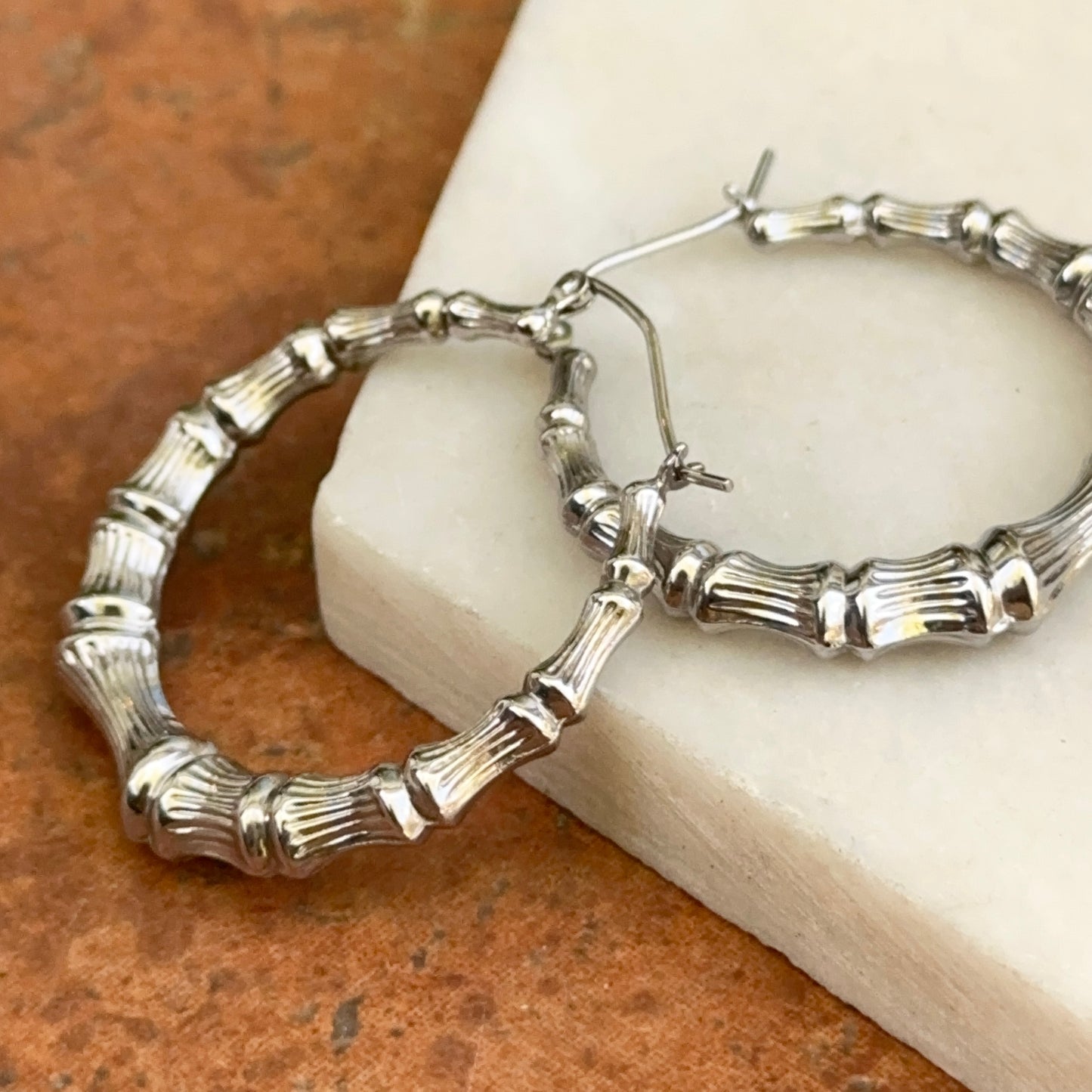 Sterling Silver Bamboo Style Round Hoop Earrings 35mm
