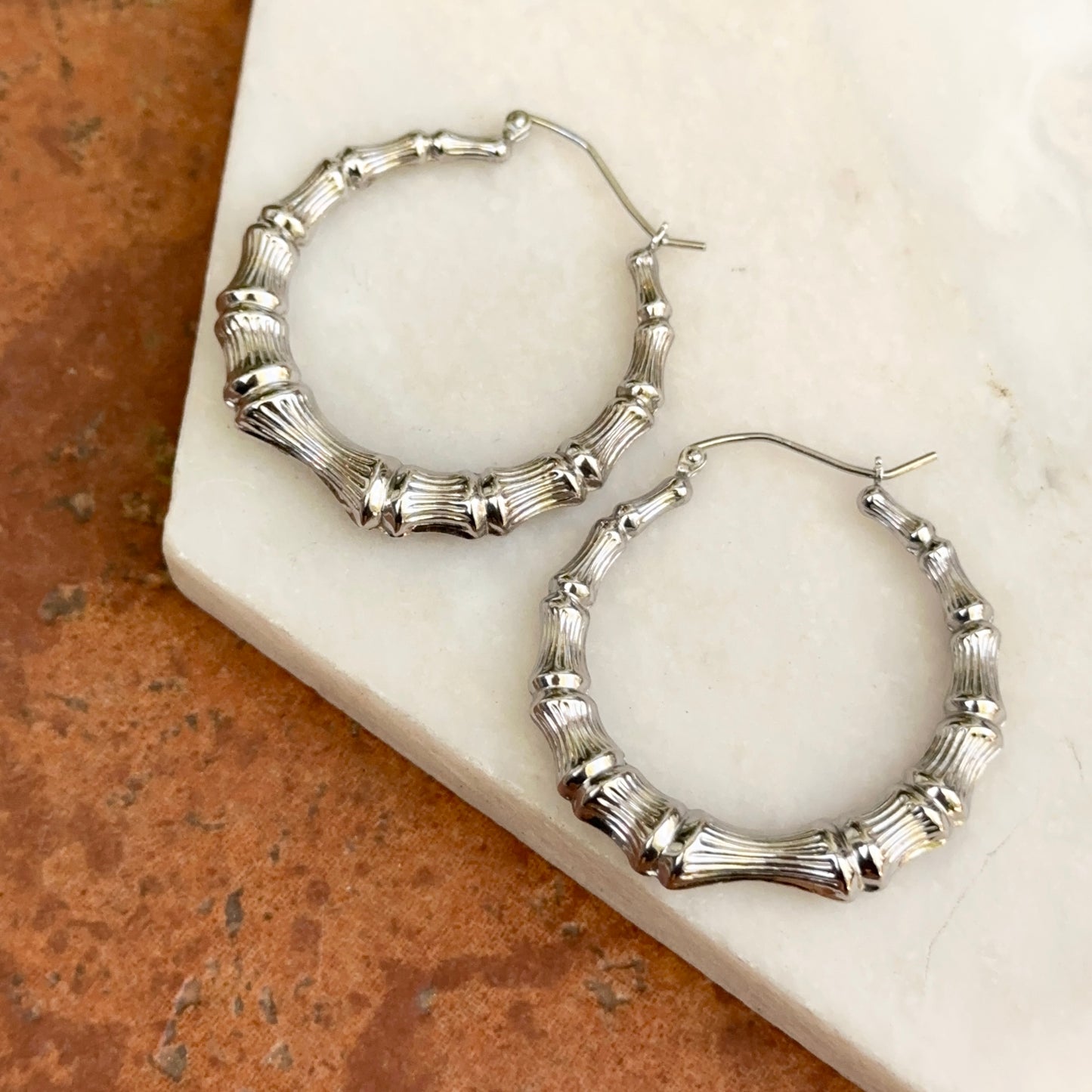 Sterling Silver Bamboo Style Round Hoop Earrings 35mm
