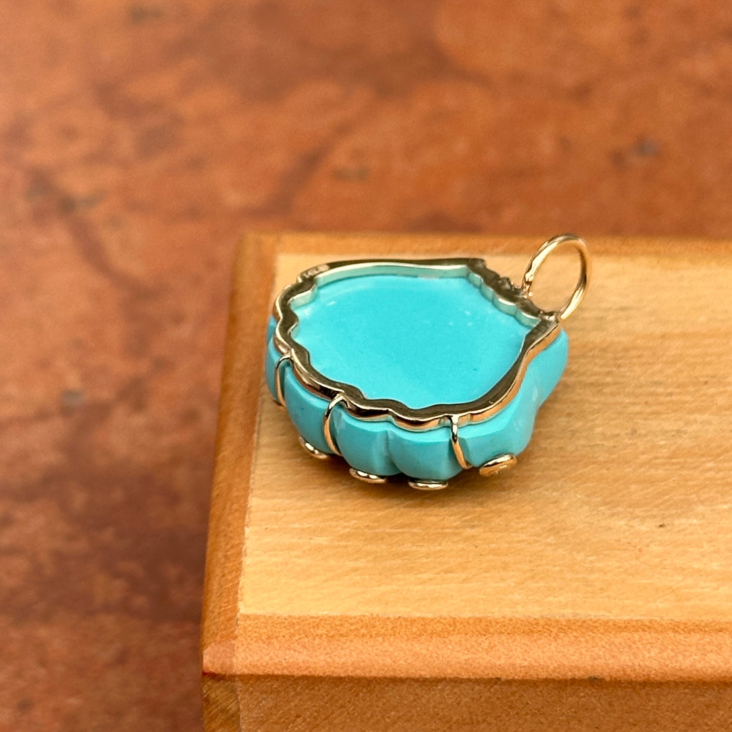 Estate 14KT Yellow Gold Turquoise Shell + Bezel-Set Diamonds Pendant