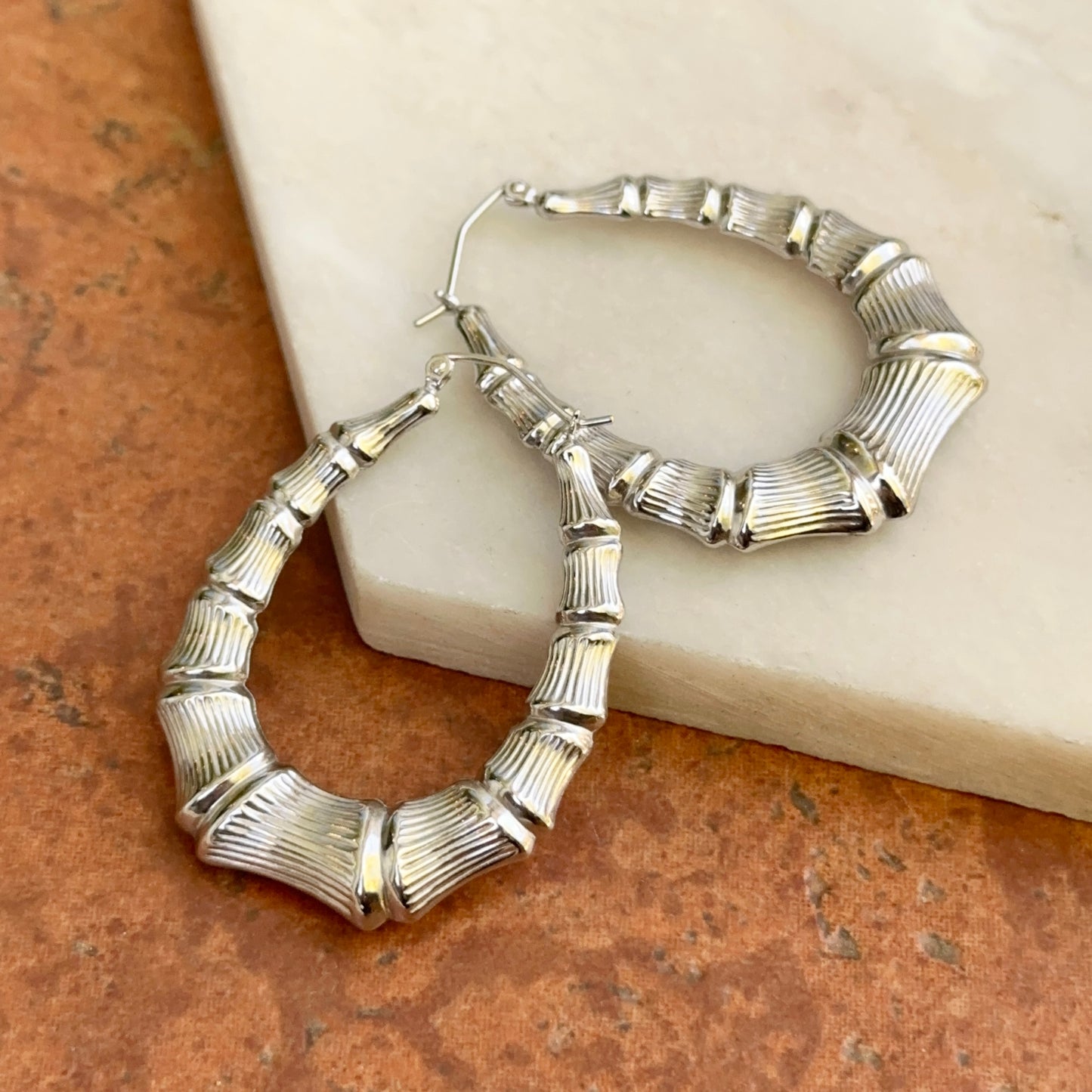 Sterling Silver Bamboo Design Oval Hoop Earrings 42mm