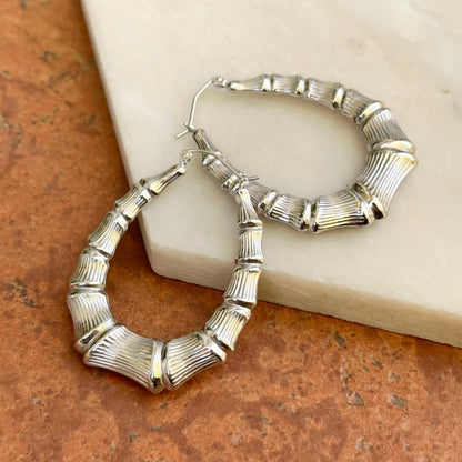 Sterling Silver Bamboo Design Oval Hoop Earrings 42mm