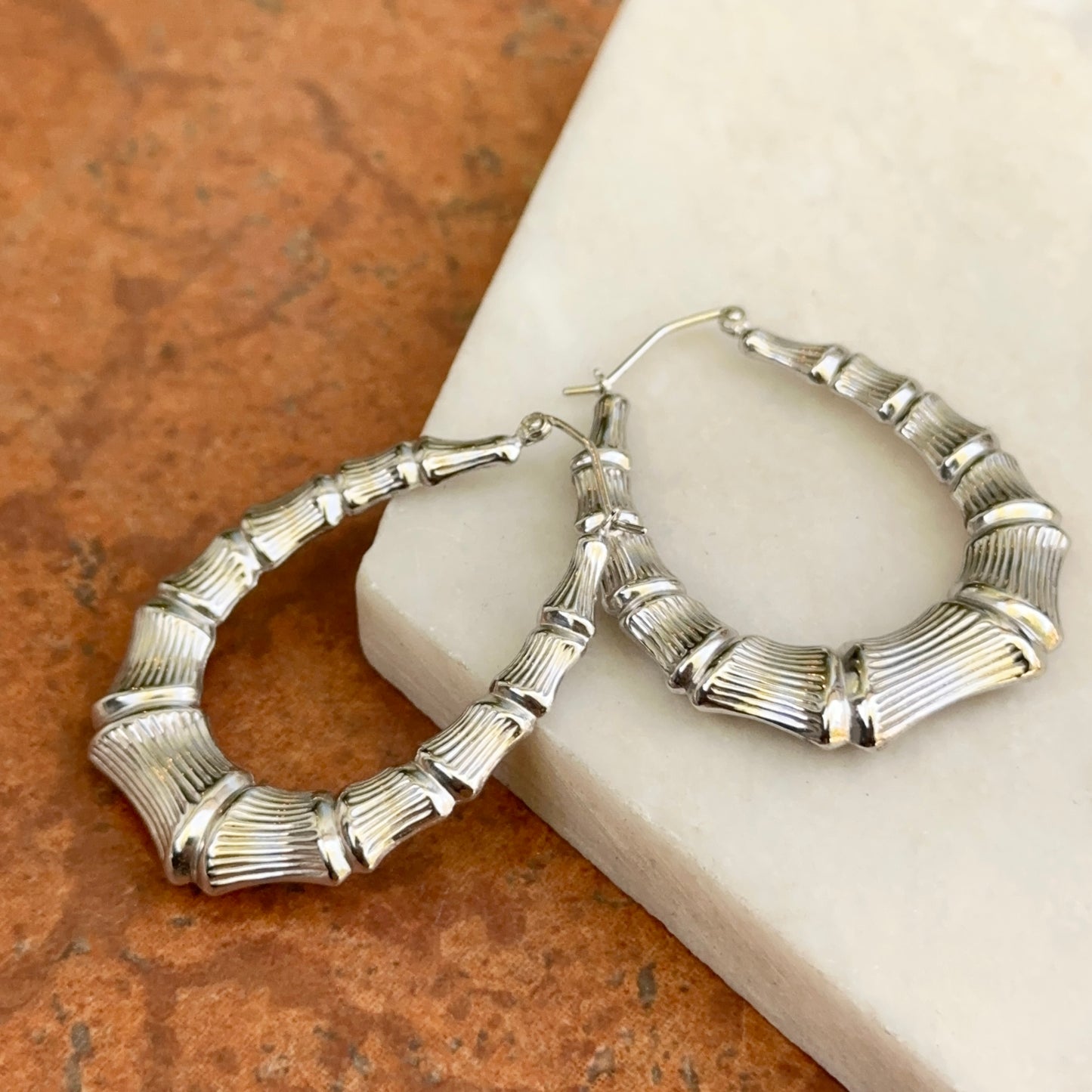 Sterling Silver Bamboo Design Oval Hoop Earrings 42mm