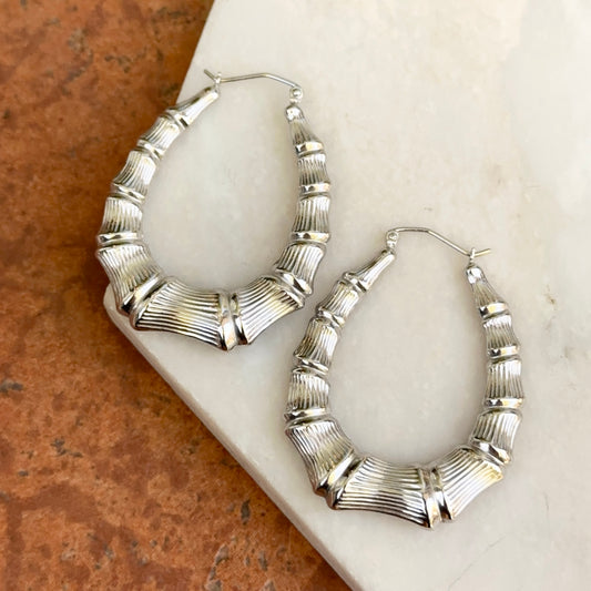Sterling Silver Bamboo Design Oval Hoop Earrings 42mm