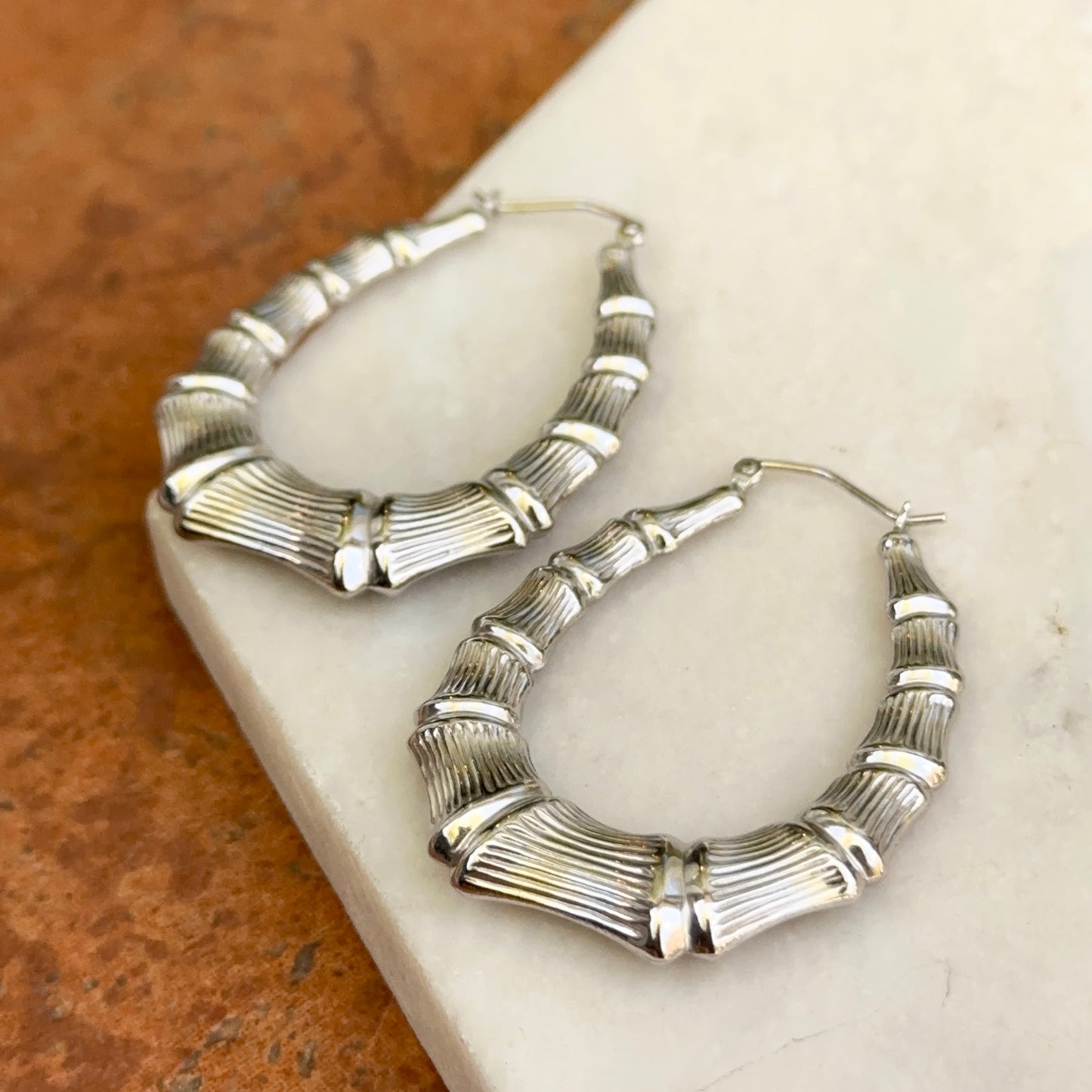 Sterling Silver Bamboo Design Oval Hoop Earrings 42mm