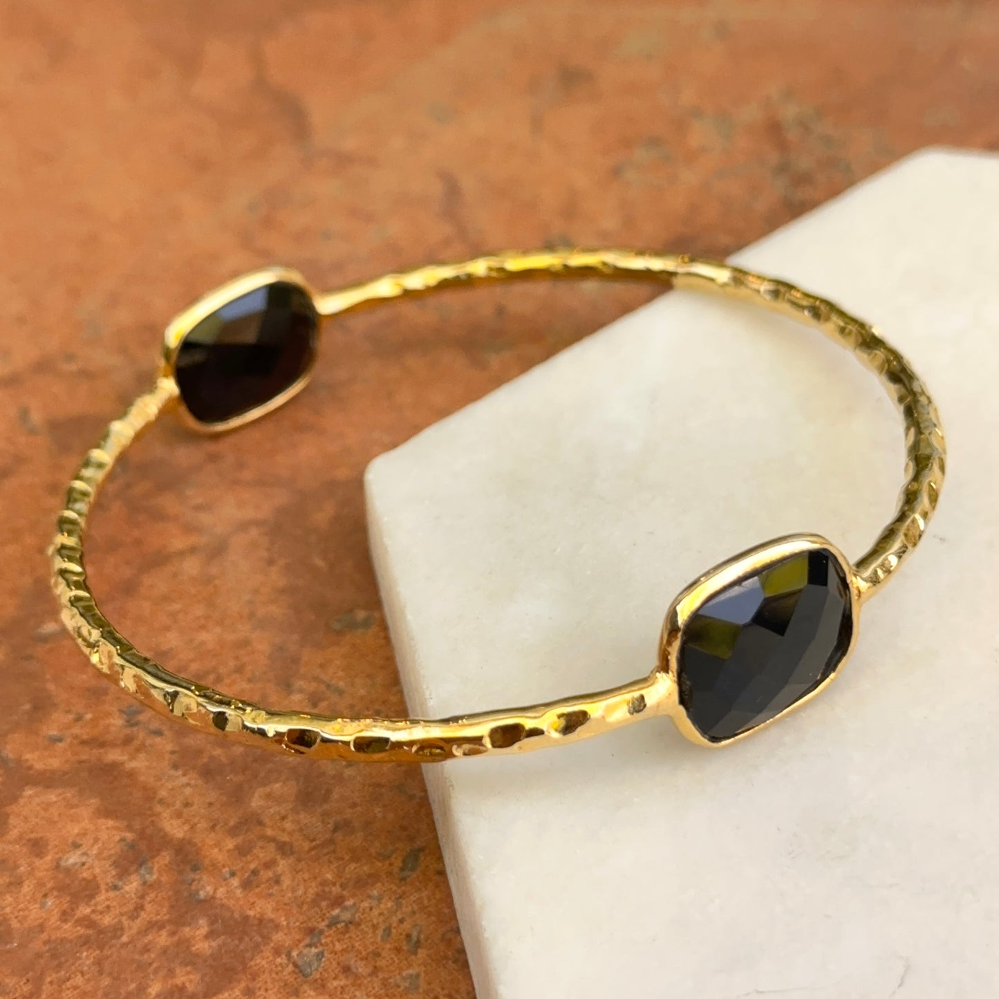 Gold-Plated Black Onyx Hammered Slip-On Bangle Bracelet