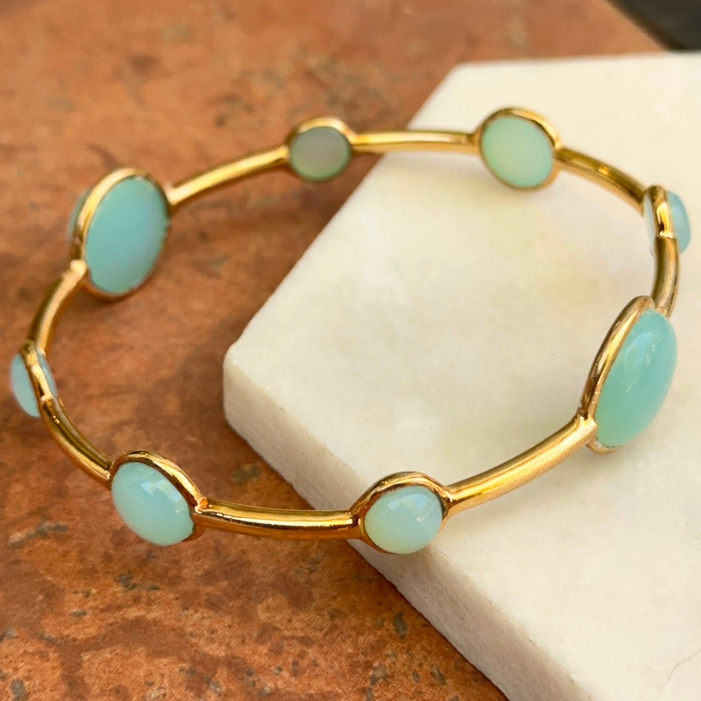 Gold-Plated Blue Chalcedony Hammered Slip-On Bangle Bracelet