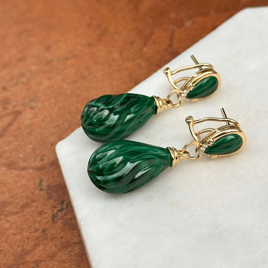 Vintage 14KT Yellow Gold Carved Briolette Malachite + Diamond Drop Earrings