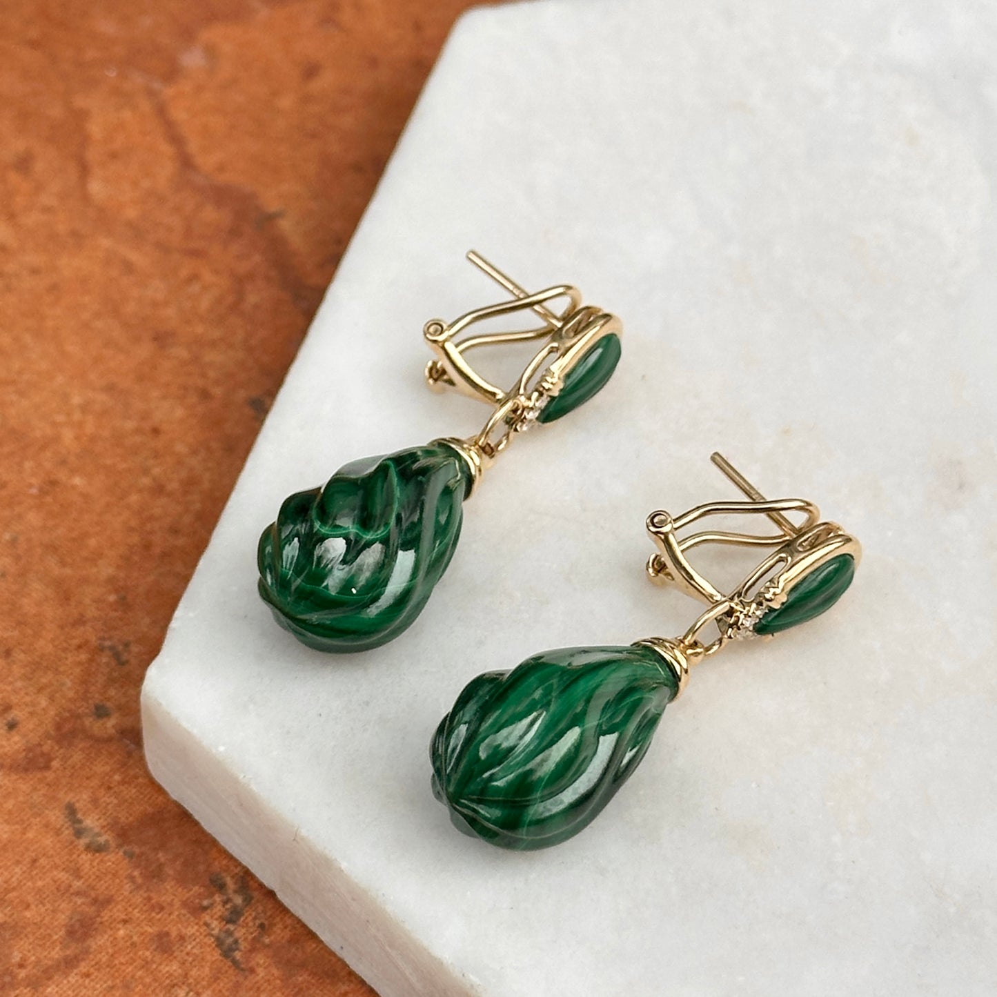 Vintage 14KT Yellow Gold Carved Briolette Malachite + Diamond Drop Earrings