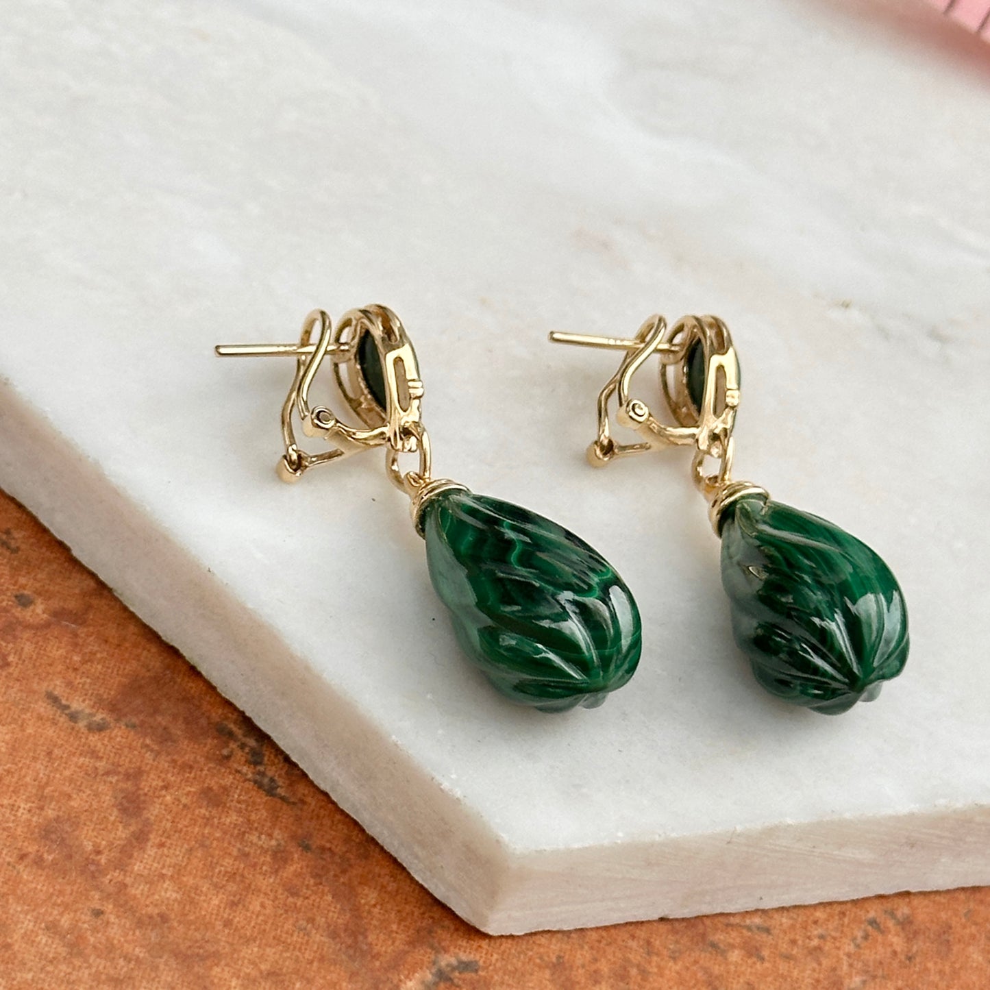 Vintage 14KT Yellow Gold Carved Briolette Malachite + Diamond Drop Earrings