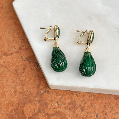 Vintage 14KT Yellow Gold Carved Briolette Malachite + Diamond Drop Earrings