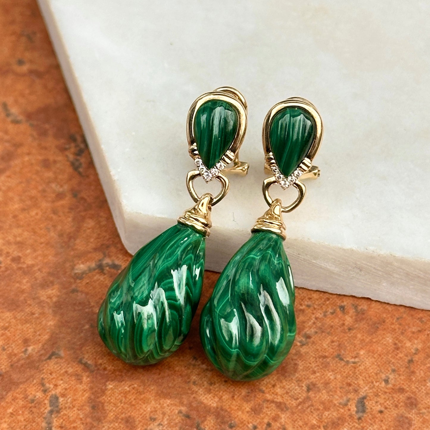 Vintage 14KT Yellow Gold Carved Briolette Malachite + Diamond Drop Earrings