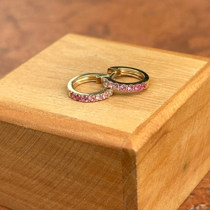 14KT Yellow Round Ombre Pink Sapphire Small Huggie Hoop Earrings 11mm