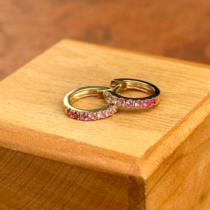 14KT Yellow Round Ombre Pink Sapphire Small Huggie Hoop Earrings 11mm