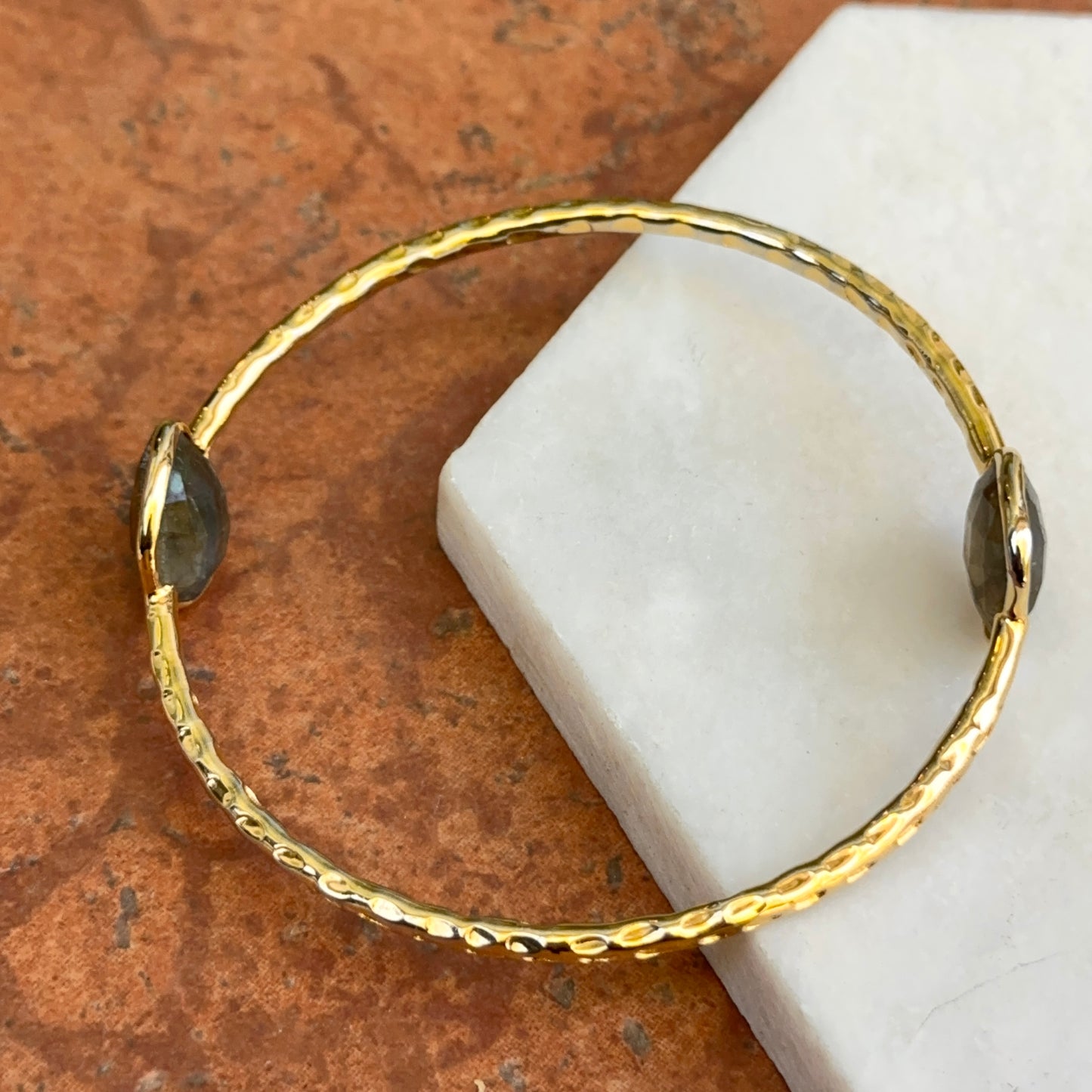 Gold-Plated Labradorite Hammered Slip-On Bangle Bracelet