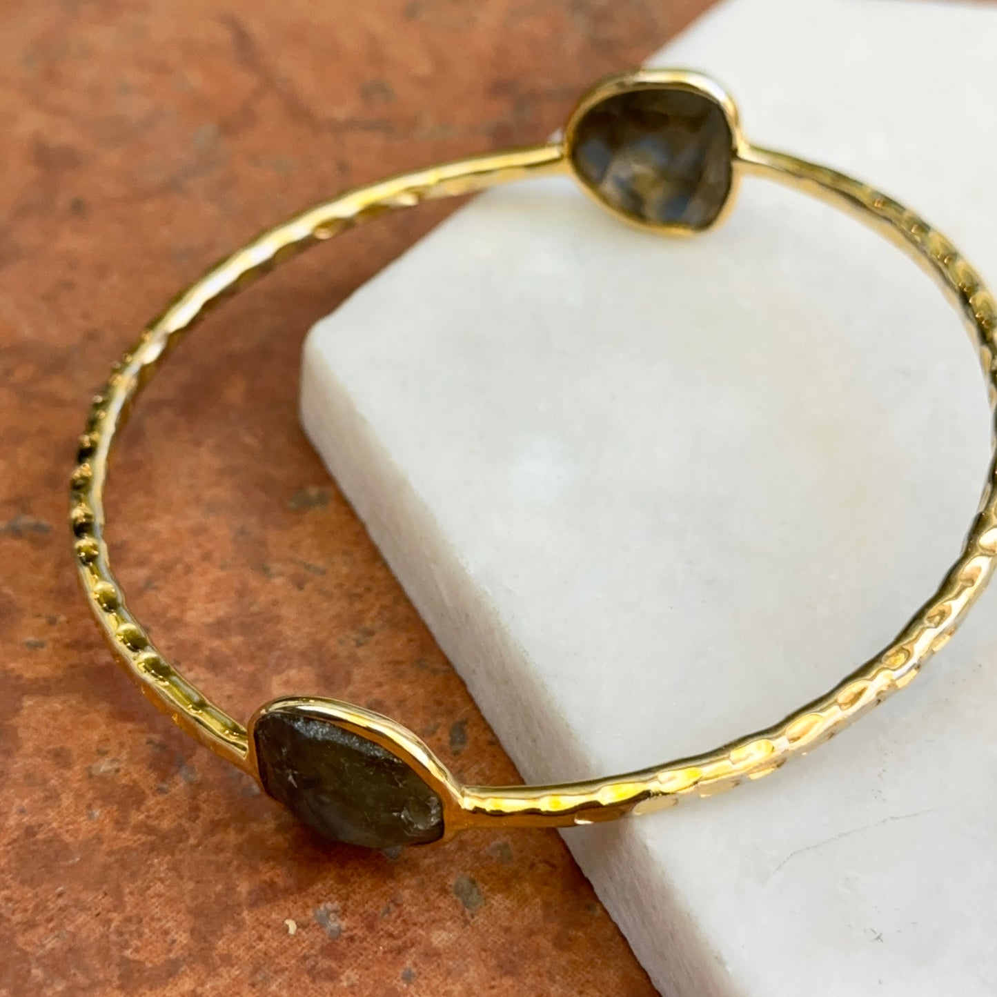 Gold-Plated Labradorite Hammered Slip-On Bangle Bracelet