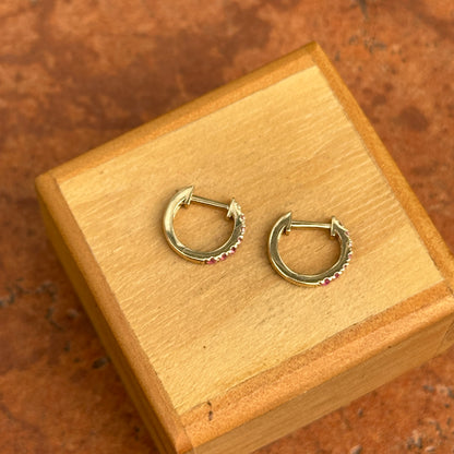 14KT Yellow Round Ombre Pink Sapphire Small Huggie Hoop Earrings 11mm