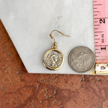 Estate Gold-Tone Queen Elizabeth The Second Replica Coin Bezel Wire Dangle Drop Earrings