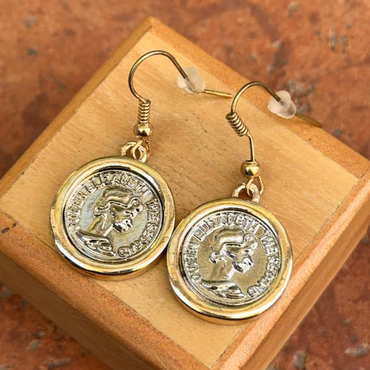 Estate Gold-Tone Queen Elizabeth The Second Replica Coin Bezel Wire Dangle Drop Earrings