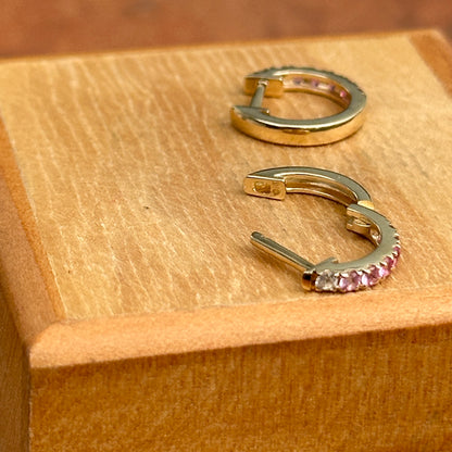 14KT Yellow Round Ombre Pink Sapphire Small Huggie Hoop Earrings 11mm