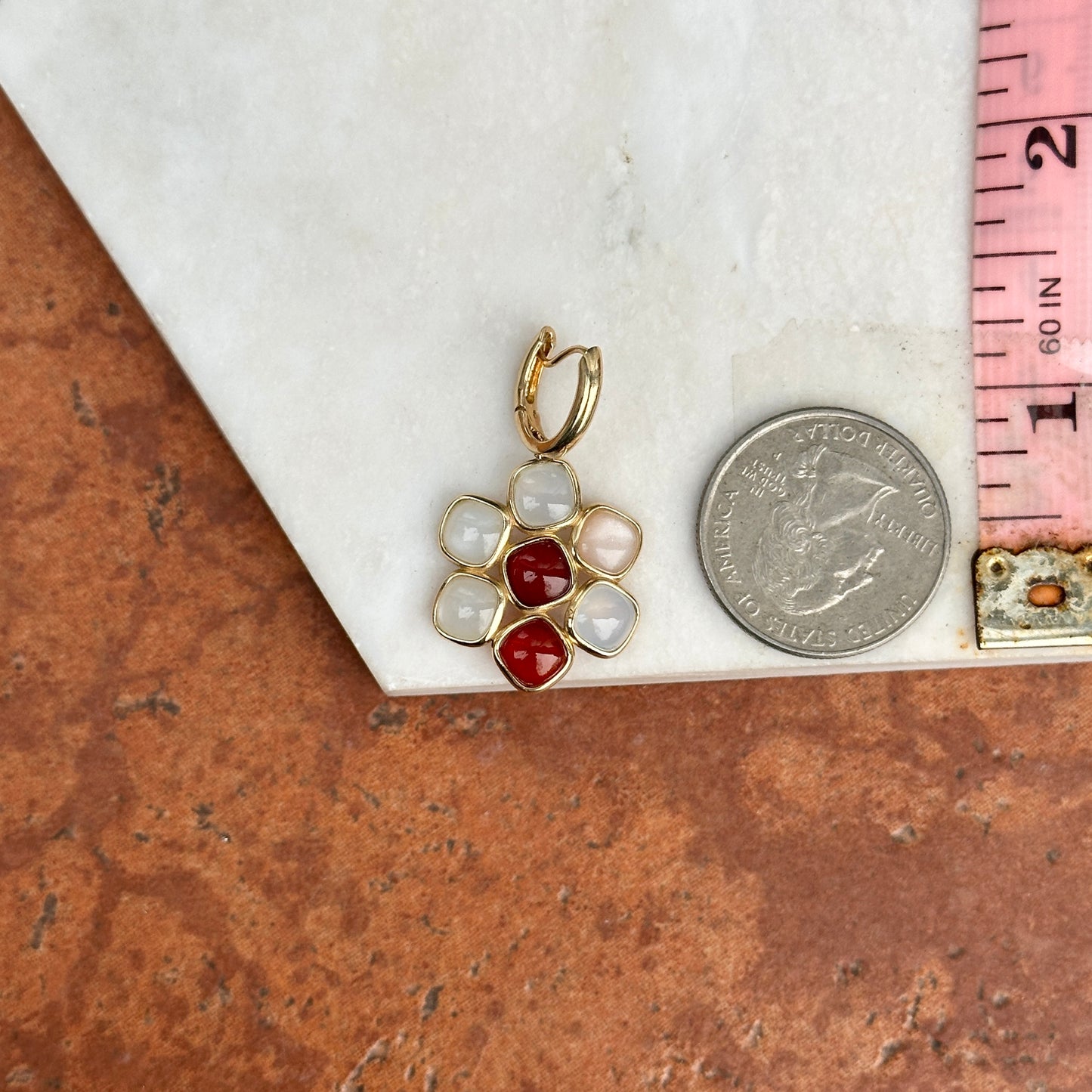 14KT Yellow Gold Carnelian + Moonstone Charm Huggie Drop Earrings