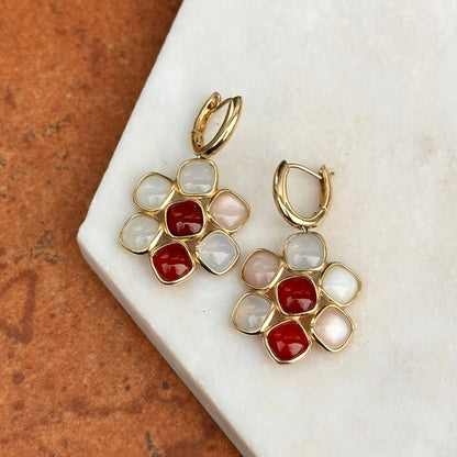 14KT Yellow Gold Carnelian + Moonstone Charm Huggie Drop Earrings