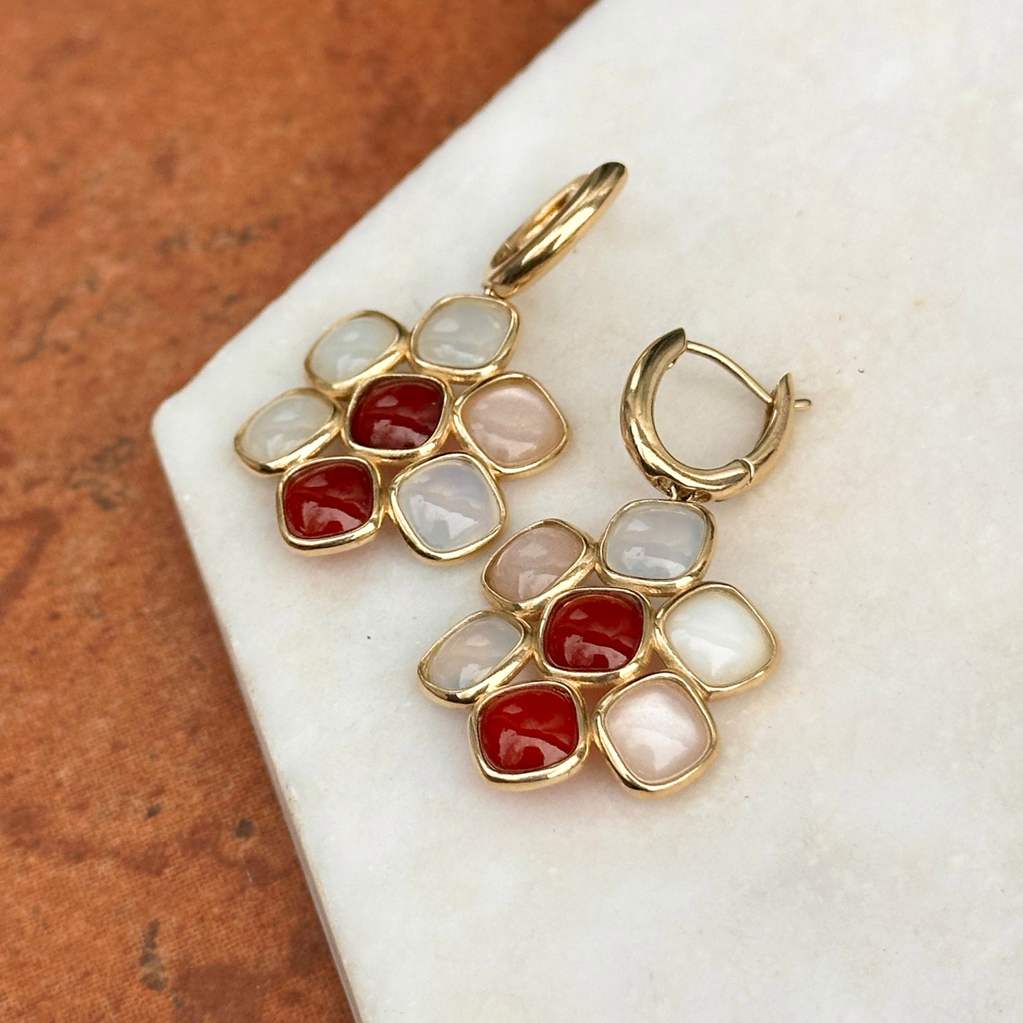 14KT Yellow Gold Carnelian + Moonstone Charm Huggie Drop Earrings