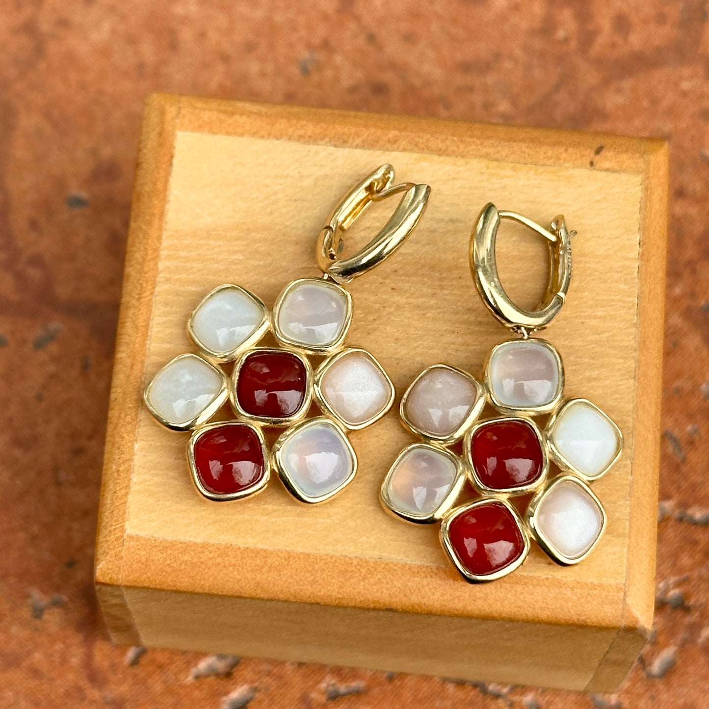 14KT Yellow Gold Carnelian + Moonstone Charm Huggie Drop Earrings