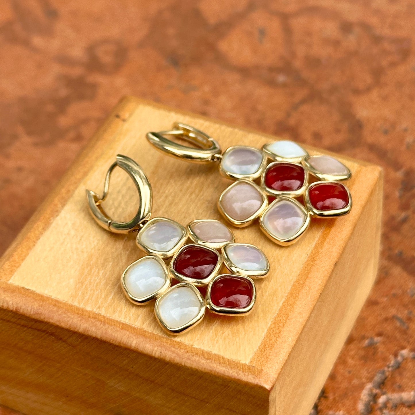 14KT Yellow Gold Carnelian + Moonstone Charm Huggie Drop Earrings