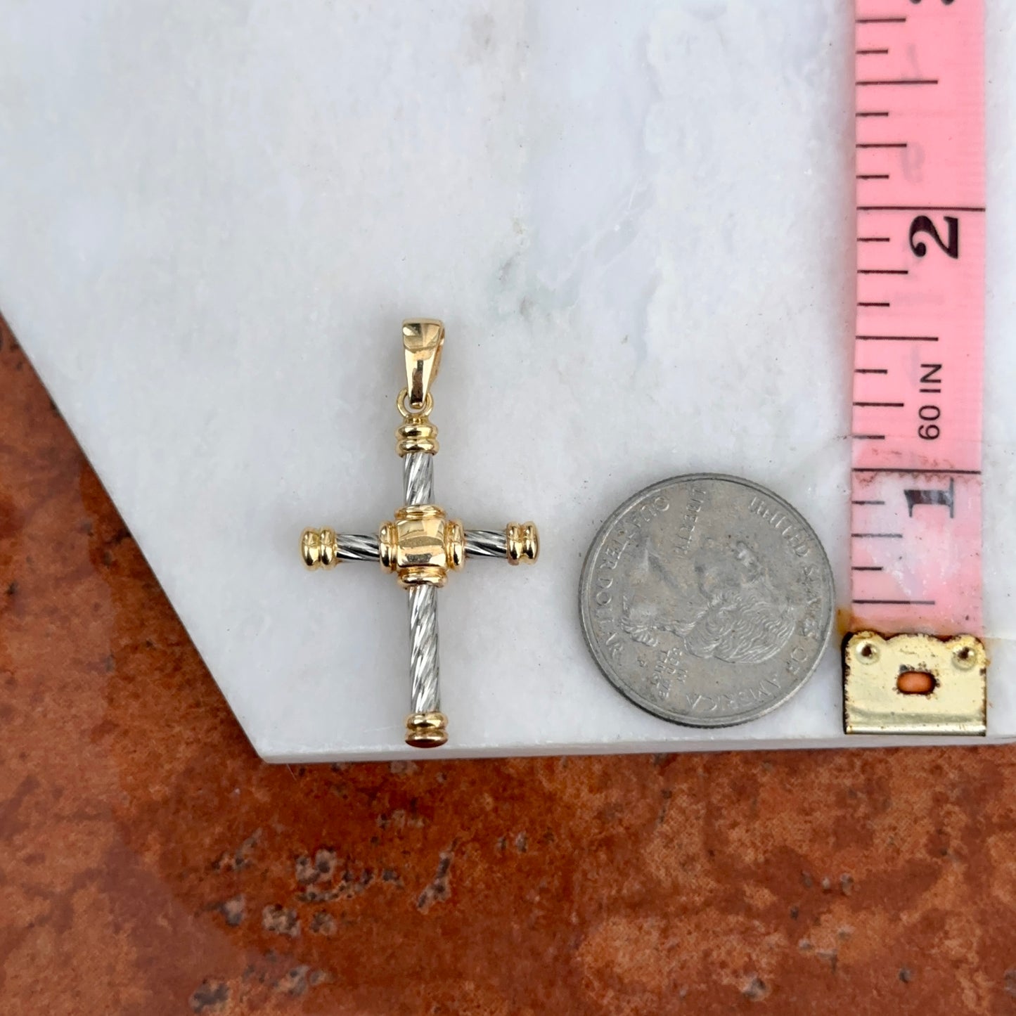 Estate 18KT White + Yellow Gold Twisted Design Cross Pendant