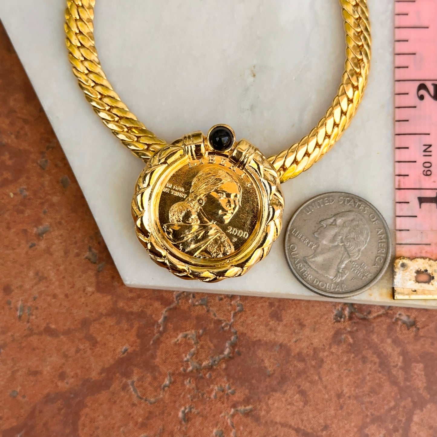 Estate Gold-Plated 2000 Sacagawea Golden Dollar + Onyx Necklace