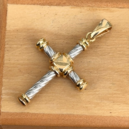 Estate 18KT White + Yellow Gold Twisted Design Cross Pendant