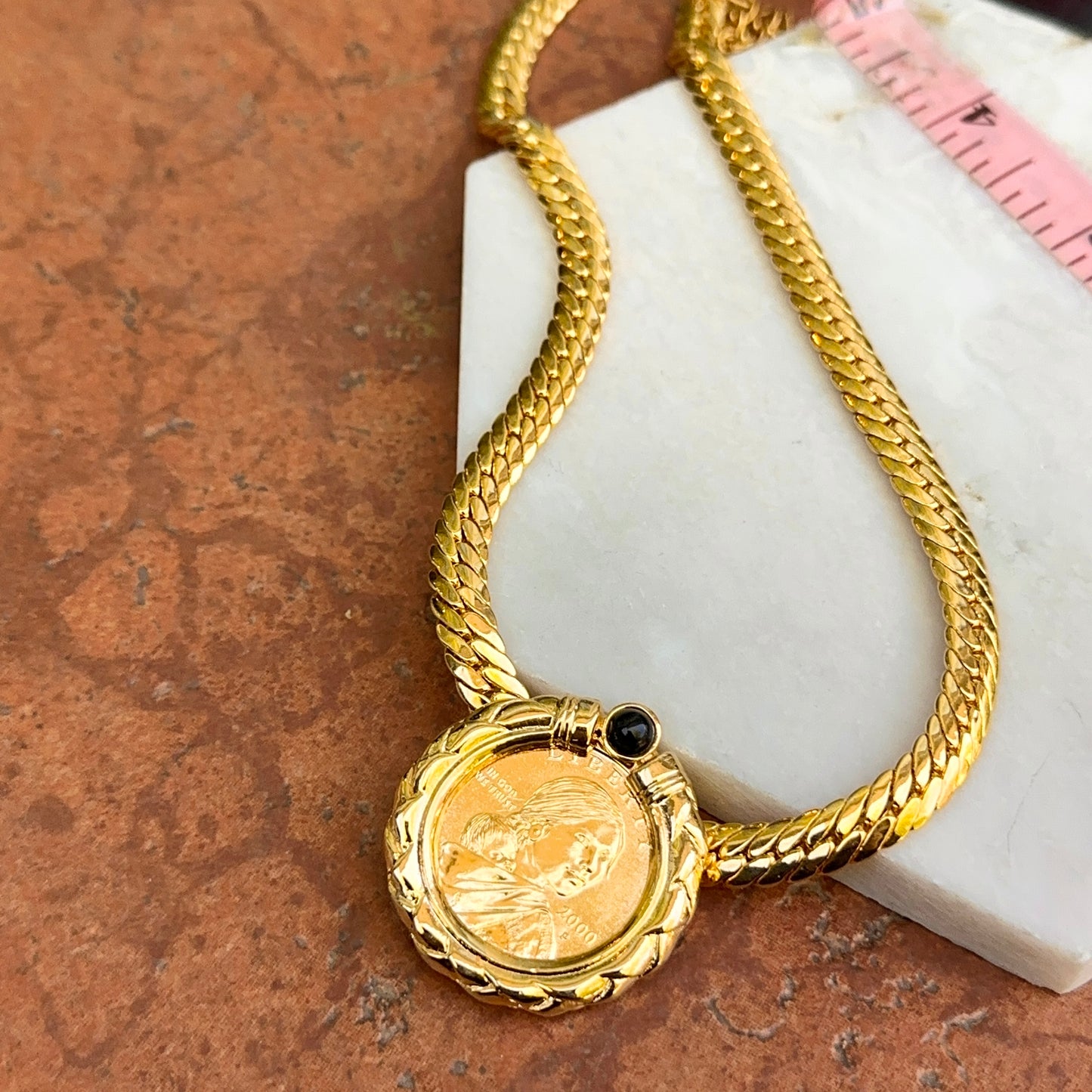 Estate Gold-Plated 2000 Sacagawea Golden Dollar + Onyx Necklace