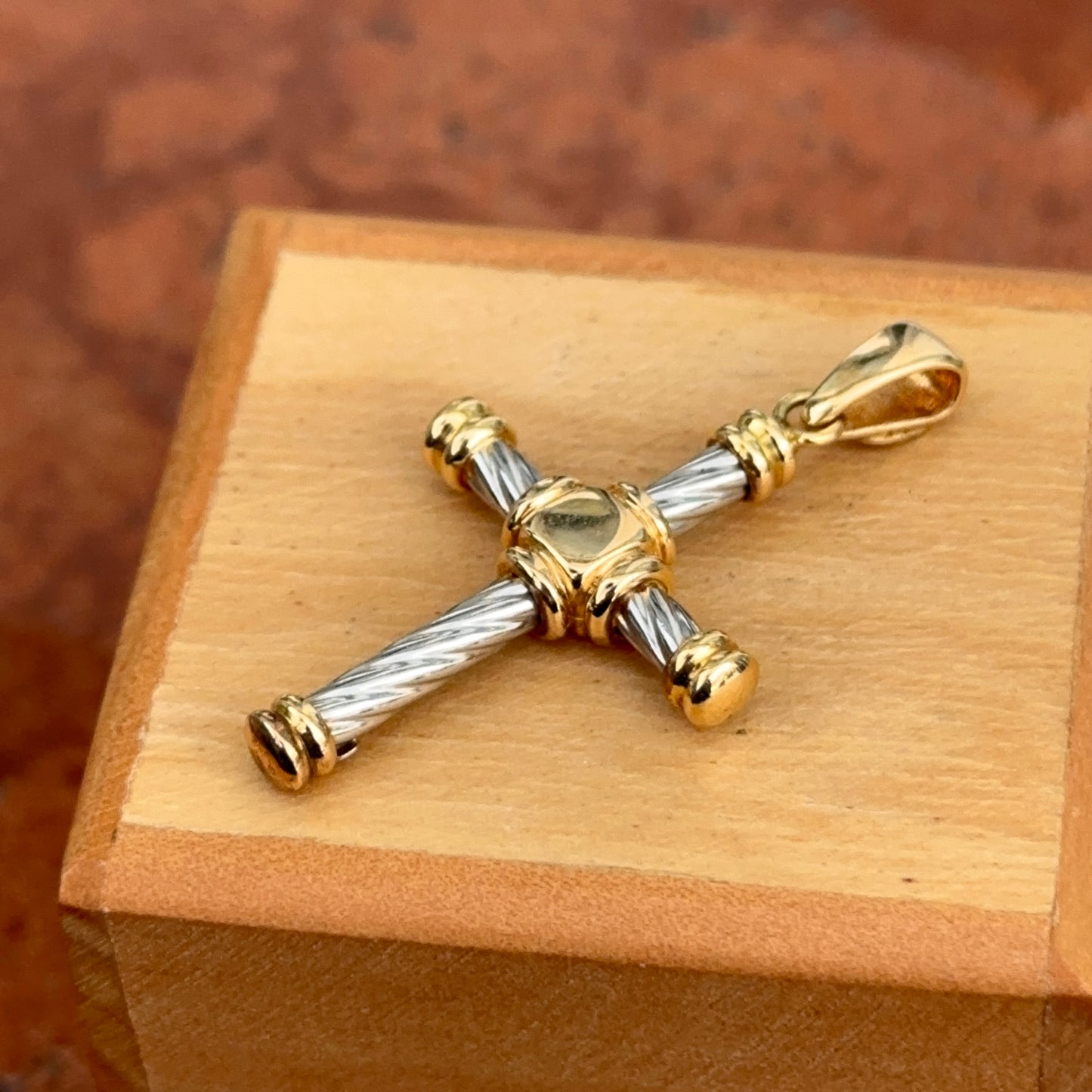 Estate 18KT White + Yellow Gold Twisted Design Cross Pendant