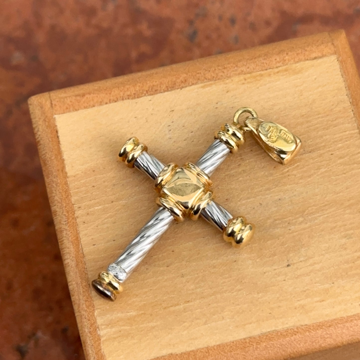 Estate 18KT White + Yellow Gold Twisted Design Cross Pendant