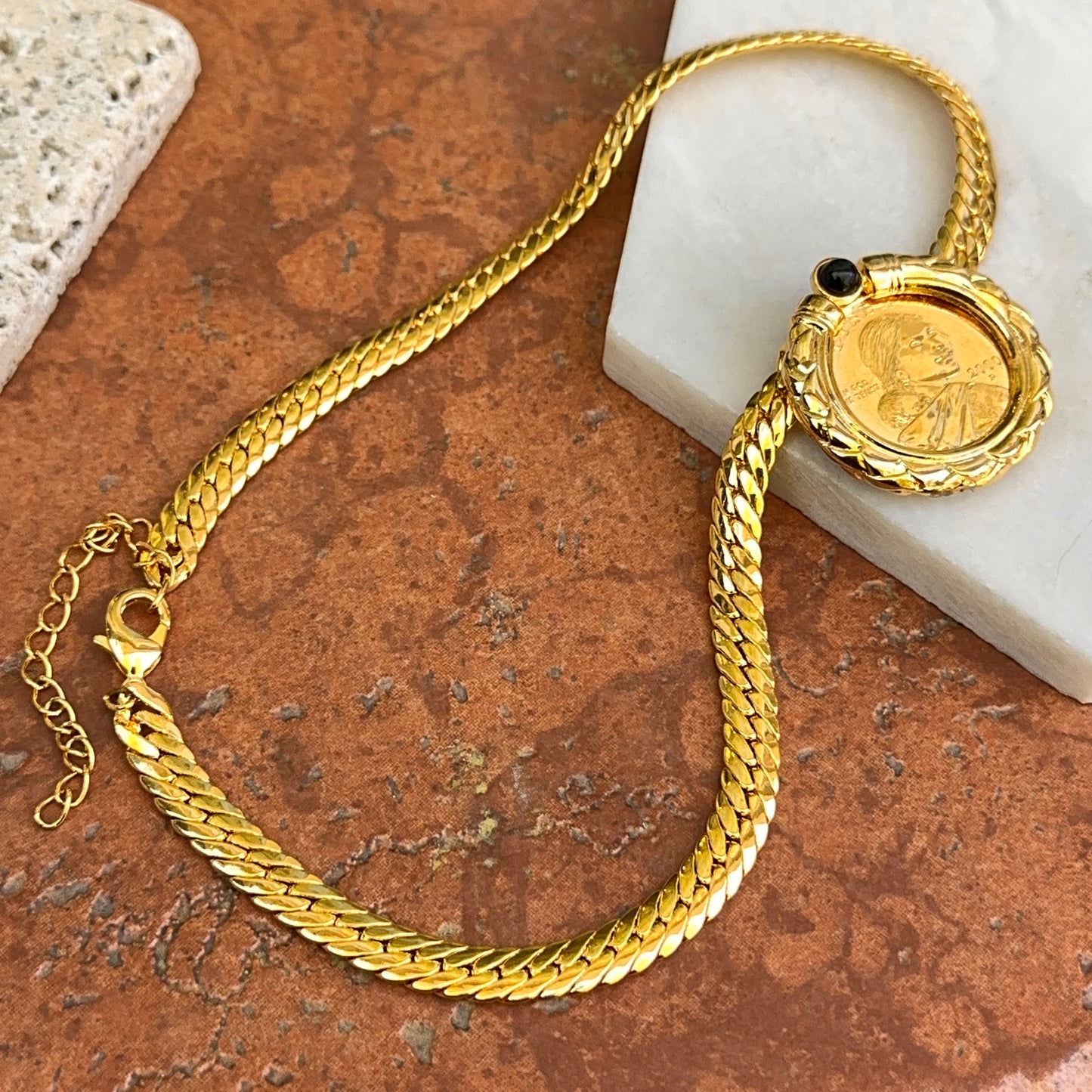 Estate Gold-Plated 2000 Sacagawea Golden Dollar + Onyx Necklace
